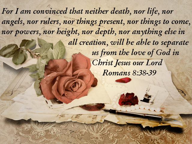 Happy Valentines Day card from God with Bible Scripture Romans 8:38-39 (Credit: VV via Fotolia)