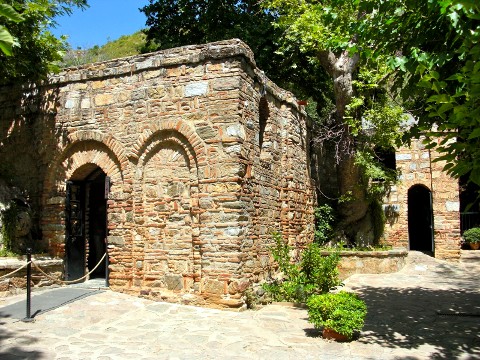 The exterior view of the restored house, which now serves as a chapel, of the Virgin Mary and the Apostle John, which sits on Mount Koressos, just outside of Ephesus, 4.3 miles from Selcuk, Turkey (Credit: Tacoma Traveler/Beth Willis/Linda Danforth/Michelle Merritt)