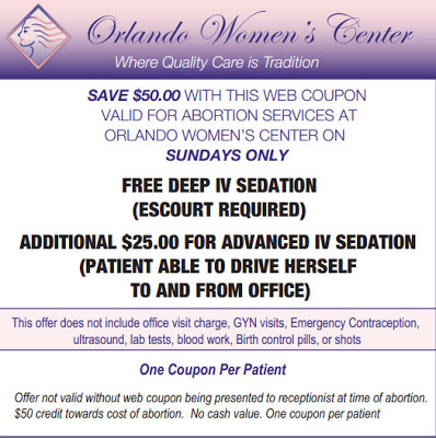 An ad from Orlando Womens Center discovered by a Florida right to life group offering $50 off for a Sunday abortion (Credit: Orlando Women's Center)