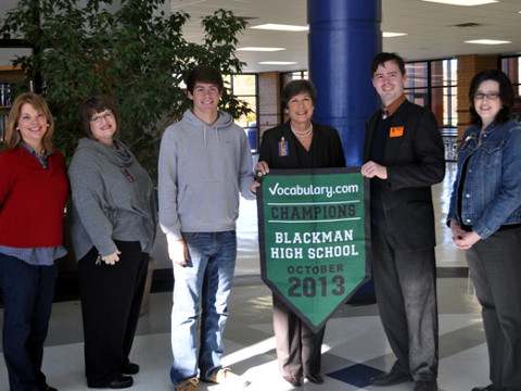 Vocabulary.com director of training Peter Griffin, second from right, with Blackman High School teacher Donna Boyd, teacher Melissa Price, student Jacob C., principal Gail Vick, and technology coach Holly Hunter (Credit: Vocabulary.com)