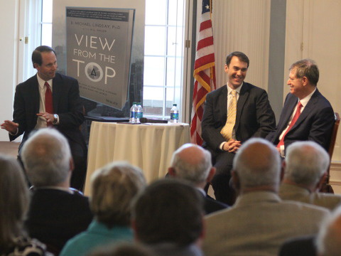 Jim Denison moderates a discussion between Michael Lindsay, author of View from the Top, and Mike Ullman, CEO of JC Penney, at a book signing at Dallas Baptist University (Credit: The Denison Forum)