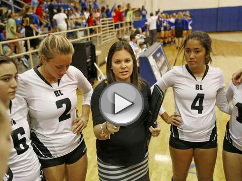 Head coach Tricia Roos met with her team moments before a volleyball match between Bishop Lynch and Fort Worth Nolan earlier this month