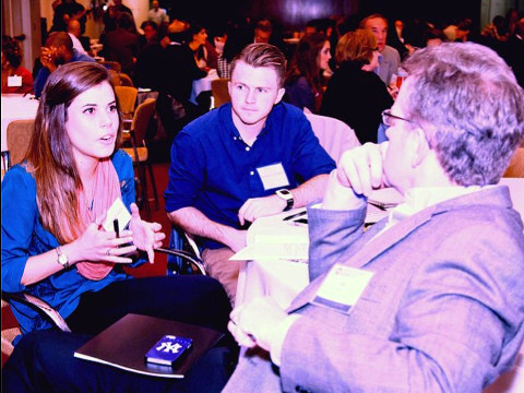 Mac Pier, CEO of The NYC Leadership Center and @initiativenetwork leaders Chelsea Vaughn and Connor Crumpton discuss the importance of engaging young adults in Christian culture and ministry yesterday at #TenCityCovenant #MovementDay, October 24, 2014 (Credit: Movement Day via Instagram)