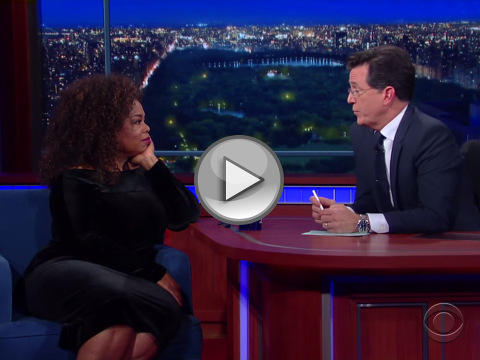 Stephen Colbert and Oprah Winfrey take a few moments to quote their favorite Bible verses while chatting about Oprah's new series Belief (Credit: CBS)