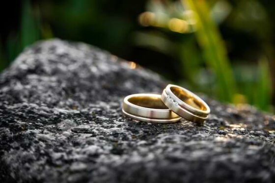 His and hers gold wedding bands placed on a dark colored rock with green landscape in the background