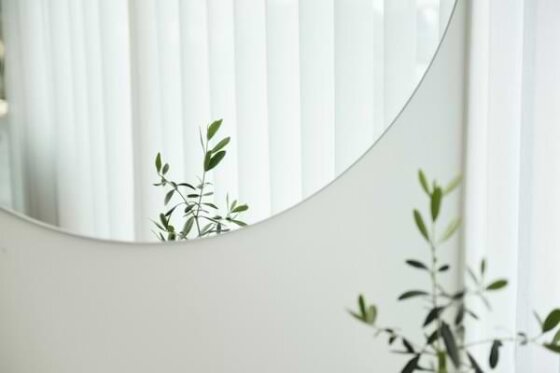A circular mirror hanging on a white wall reflecting a green leafy plant and white sheer drapes